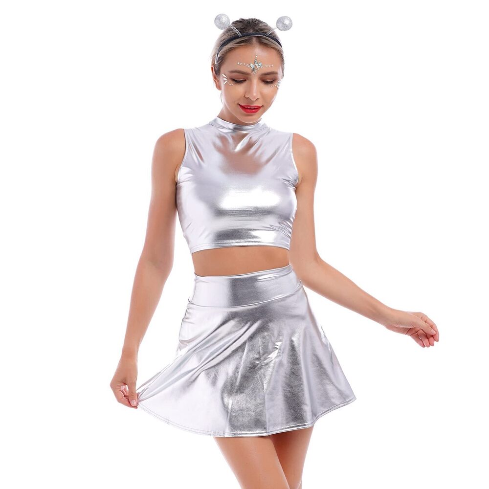 4935 Alien Costume Rave Outfit for Musical Festival Metallic Crop Top Shirt